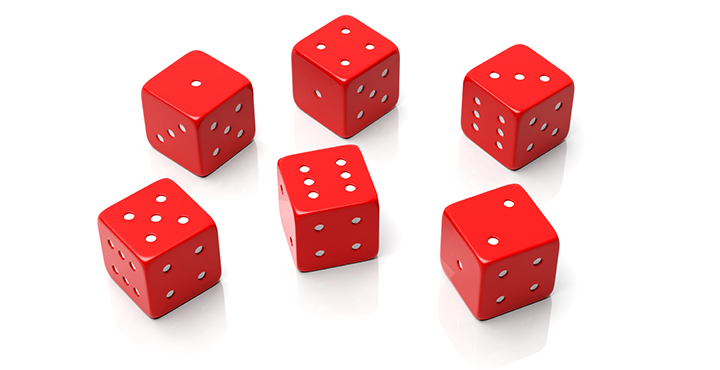 six red dices with one to six numbers. dispensary seo ideas from a cannabis seo agency.